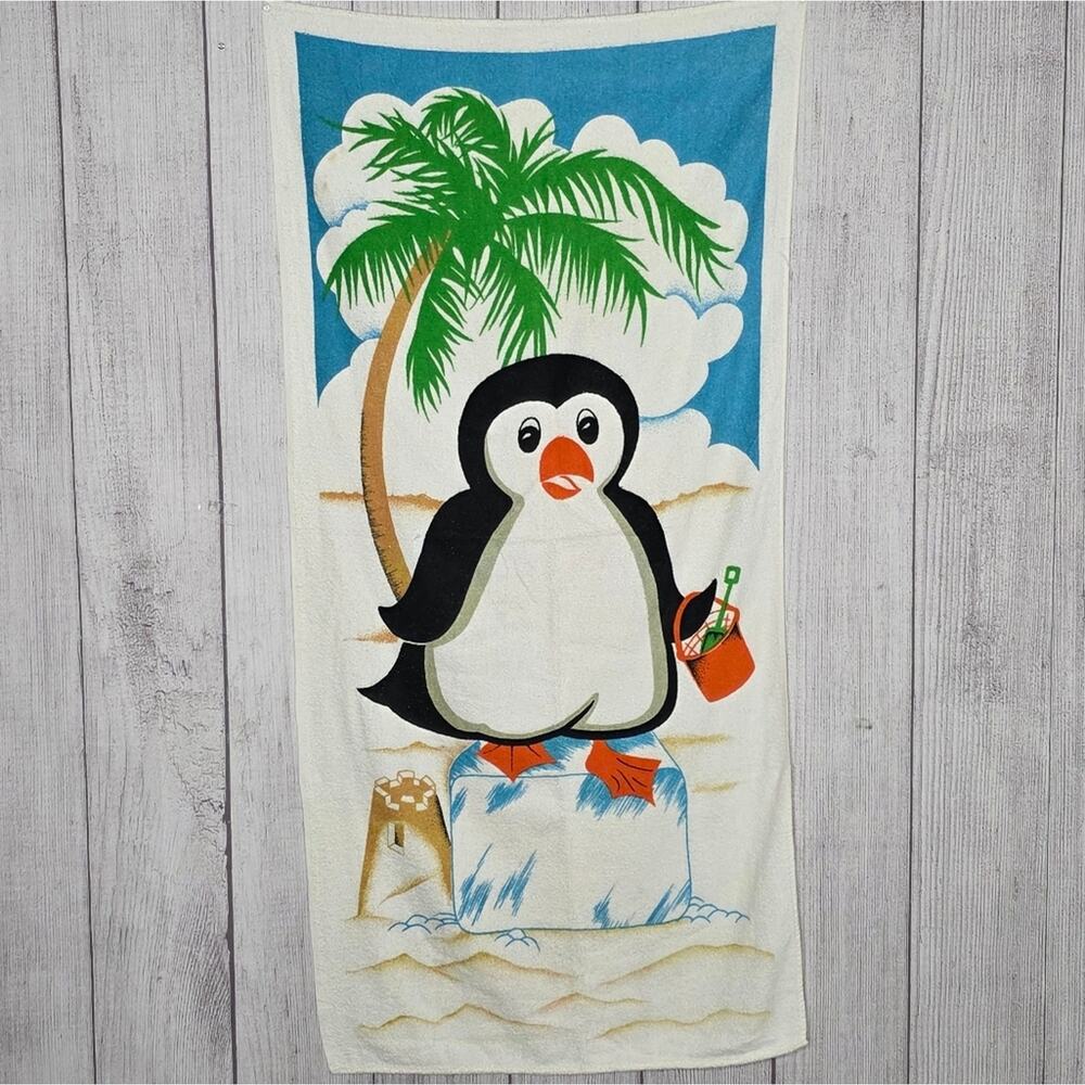 VTG 90s R.A. Briggs Penguin On An Ice Cube At The Beach, Beach Towel - 24x50